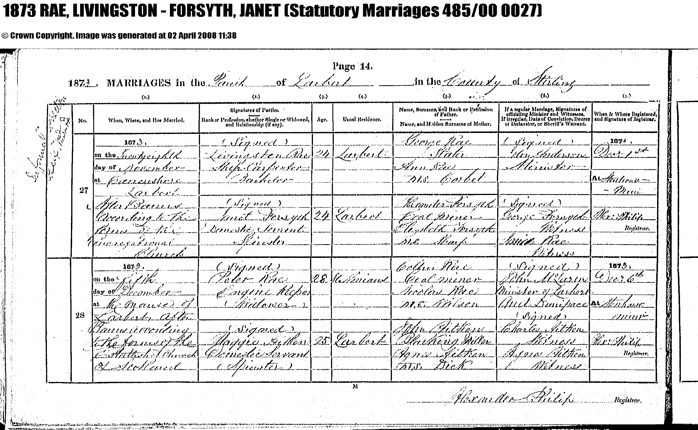 1873 marr. Livingston RAE & Janet FORSYTH